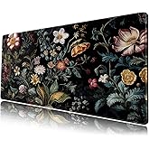 Dark Floral Desk Mat Vintage Aesthetic Desk Pad Flower Plant Black Extended Mouse Pad Large Gaming Mousepad XL Laptop Computer Mouse Keyboard Mat 31.5 x 11.8 in for Office Decor