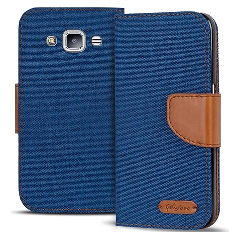 Conie TW30612 Textil Wallet Kompatibel mit Samsung Galaxy J3 2016, Textil Hülle Klapptasche mit Kartenfächer Etui Slim Cover 