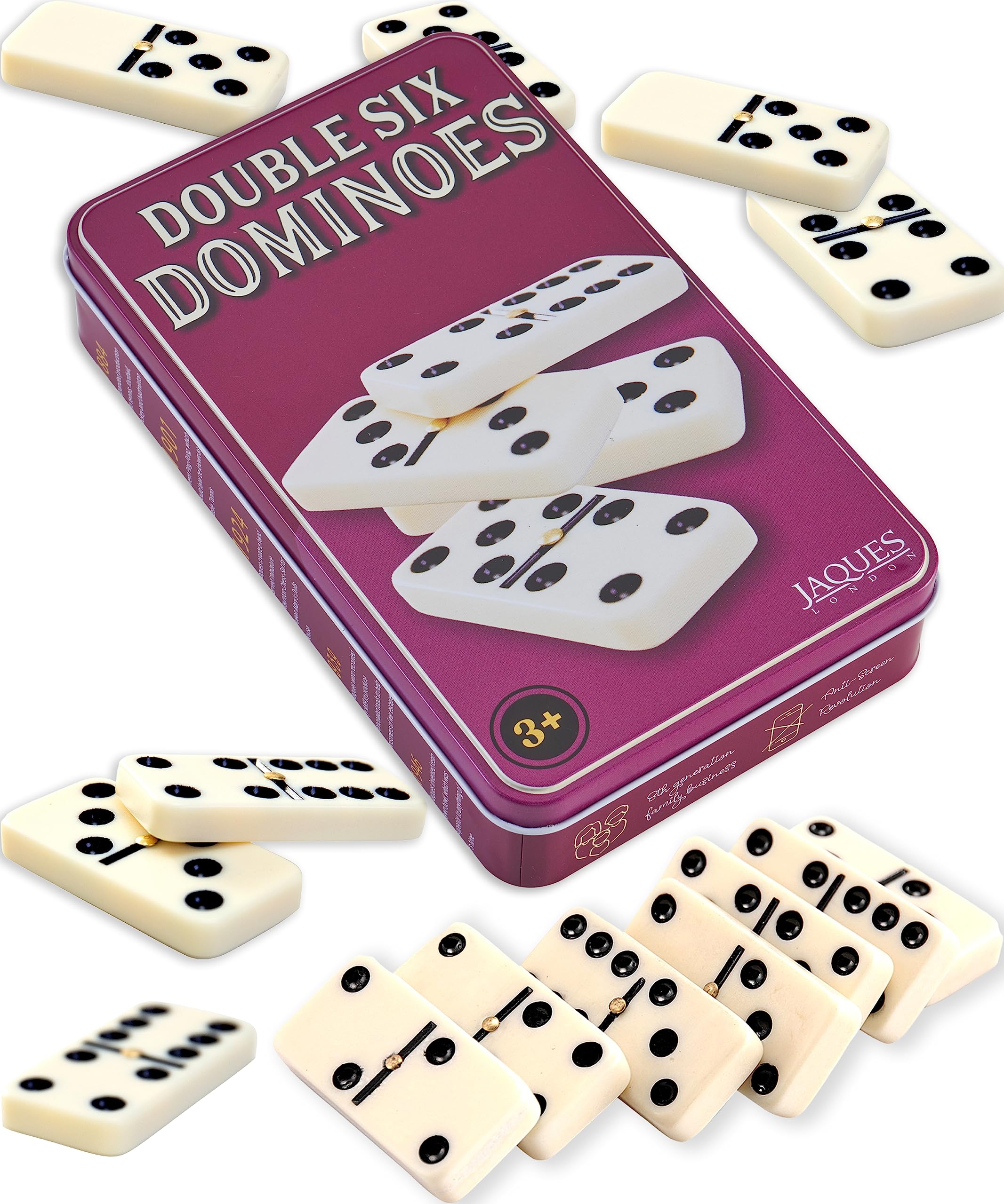 Jaques of London Dominoes Set for Adults & Kids | Traditional Double 6 Domino Tiles Game in Tin Box | Since 1795