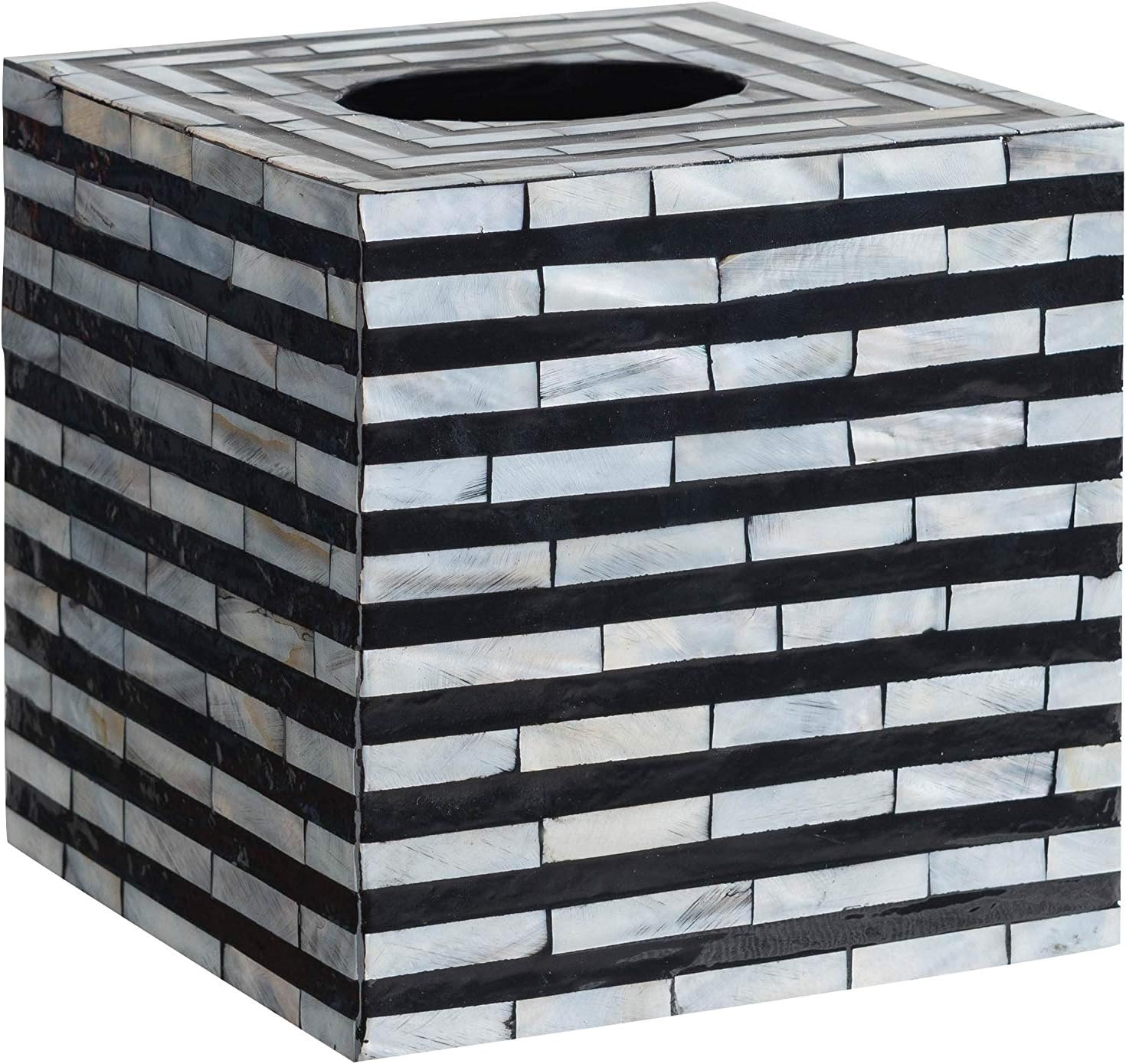 Abington Lane Mother of Pearl Square Tissue Box - Decorative Tissue Holder Cover Great for Countertops, Night Stands, Dressers, Desk Tables, Bathroom Accessories (Black and White Geometric)
