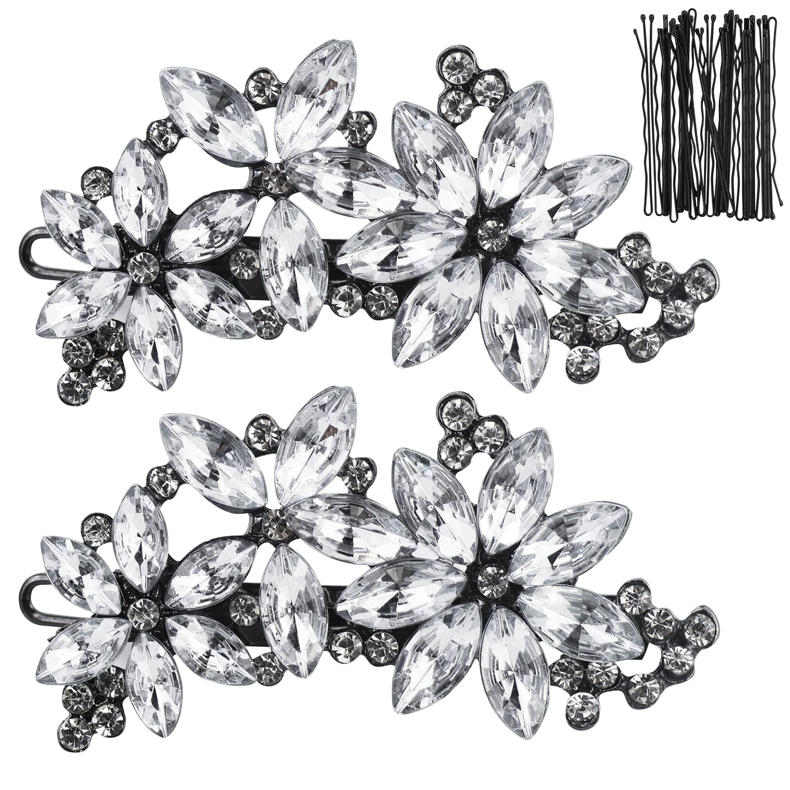 2PCS Diamante Hair Clips for Women, Rhinestones Bridal Accessories, Silver Wedding Headpiece Pins Crystal Flower for Brides Bridesmaids Girls