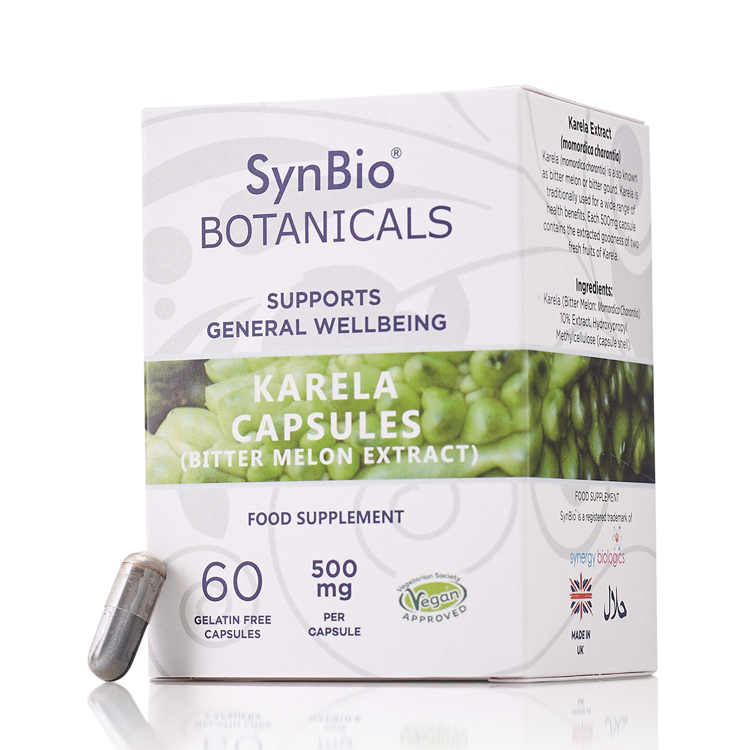 SynBio Botanicals - Karela (Bitter Melon Extract) Capsules 500mg | Vegan | Made in the UK | Gluten Free | Sugar Free | Salt Free | Nut Free | Kosher | Halal | Supports General Wellbeing