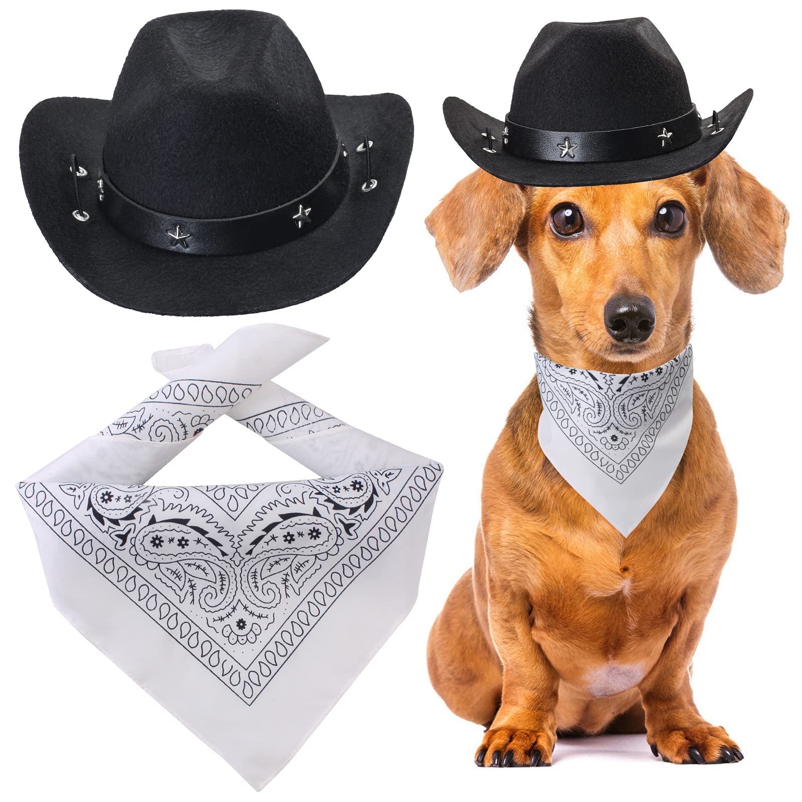 Yewong Pet Cowboy Costume Accessories - Dog Cat Pet Size Cowboy Hat and Bandana Scarf West Accessories for Puppy Kitten Party Festival and Daily Wearing Set of (Black Hat+White Bandana)
