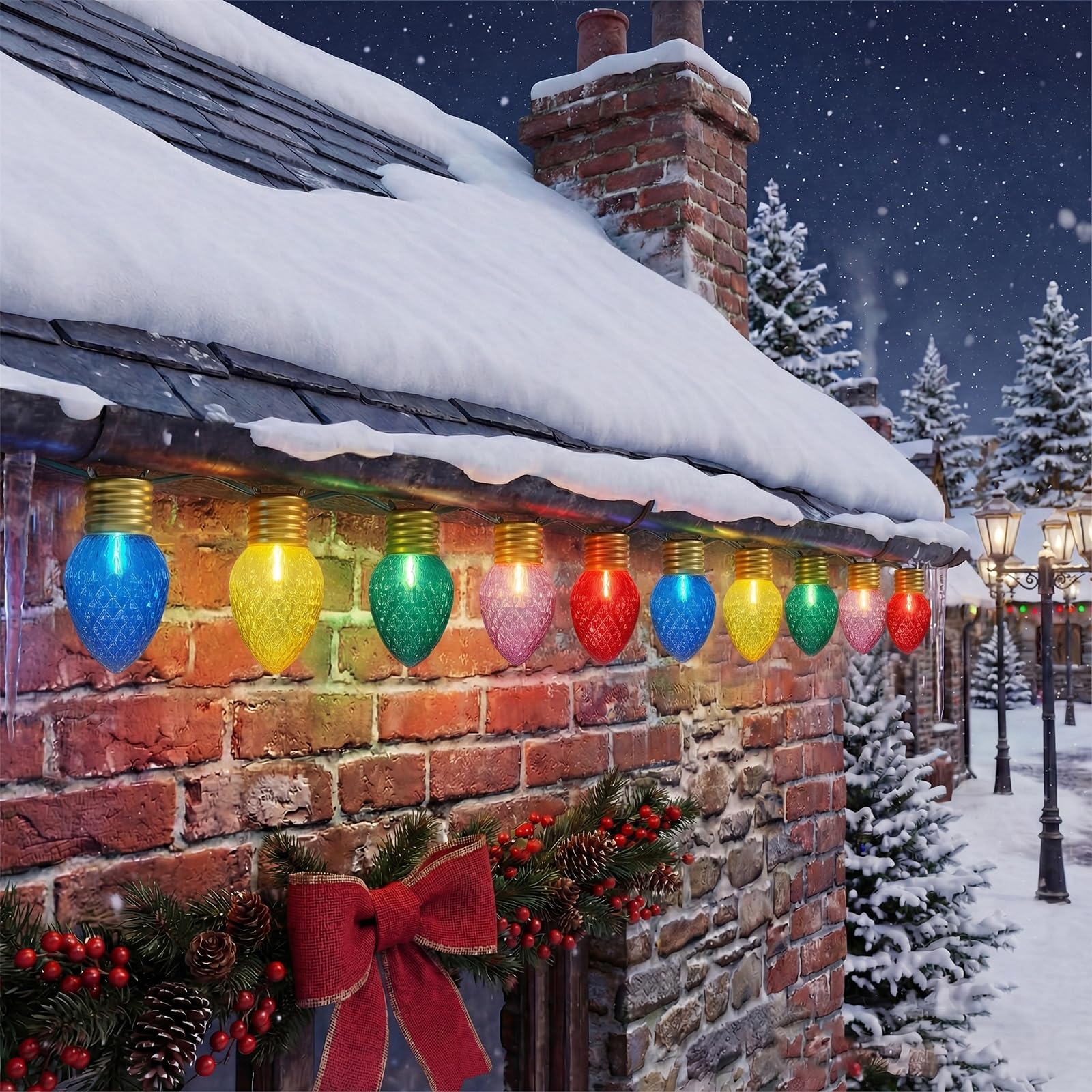 Photo 1 of Konictom 16FT Jumbo Christmas Lights,C7 Jumbo Xmas String Light Christmas Outdoor Decorations Lights with 10 Large Diamond Pattern Multicolor Bulb for Holiday Home Roof Yard Garden Decorations