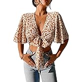 COZYEASE Women's All Over Floral Print Crop Top Deep V Neck Flutter Sleeve Tie Front Boho Summer Blouse Top