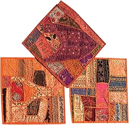 Mogul Interior Boho Decorative Set of 3 Indian Throw Pillow Cases Cotton Orange Embroidered Patchwork Cushion Cover 16 x 16