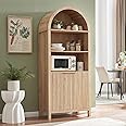 WINWY Arched Cabinet Bookshelf Bookcase - 71” Tall Mid Century Arched Display Cabinets, Rounded Bookshelf with Fluted Doors, Open Shelf Storage Cabinet for Dining Room (Natural)