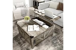 jimeimen Farmhouse Lift Top Coffee Table with Storage, Wood Square Center Table with Charging Station&USB Port, Living Room Table w/Large Hidden Space, for Living Room, Bedroom, Home Office, Grey