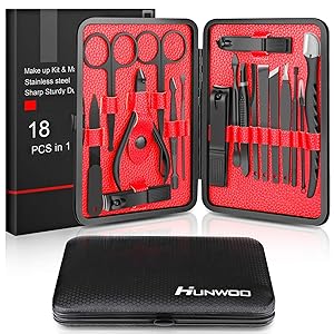 Updated 2019 Version Manicure Set-Hunwoo Nail Clippers Set 18 in 1 Grooming Kit Stainless Steel Professional Pedicure Set,Nail Scissors,Nail File,Ear Pick,Tweezers,Nose Hair Scissors,Eyebrow Razor