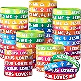 PullCrease 50 Pcs Jesus Loves Me Wristbands Bulk 10 Styles Rainbow Religious Silicone Bracelets Christian Cross Silicone Wristbands Gift for Bible School Church Group