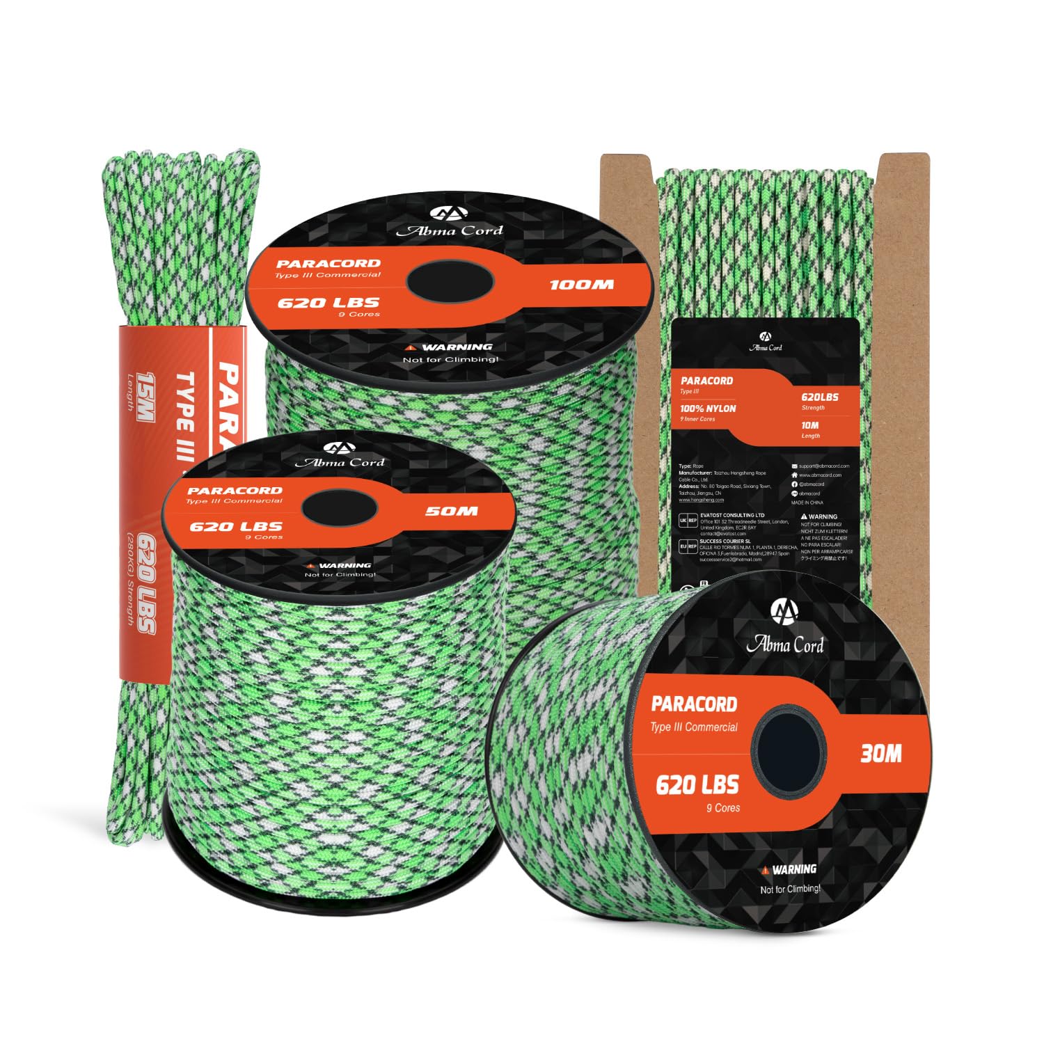 Abma Cord Paracord 4mm 100m 100% Nylon Rope 9 Strands Type III Parachute Cord for DIY, Camping, Survival, Outdoor - Max. 280kg - Island