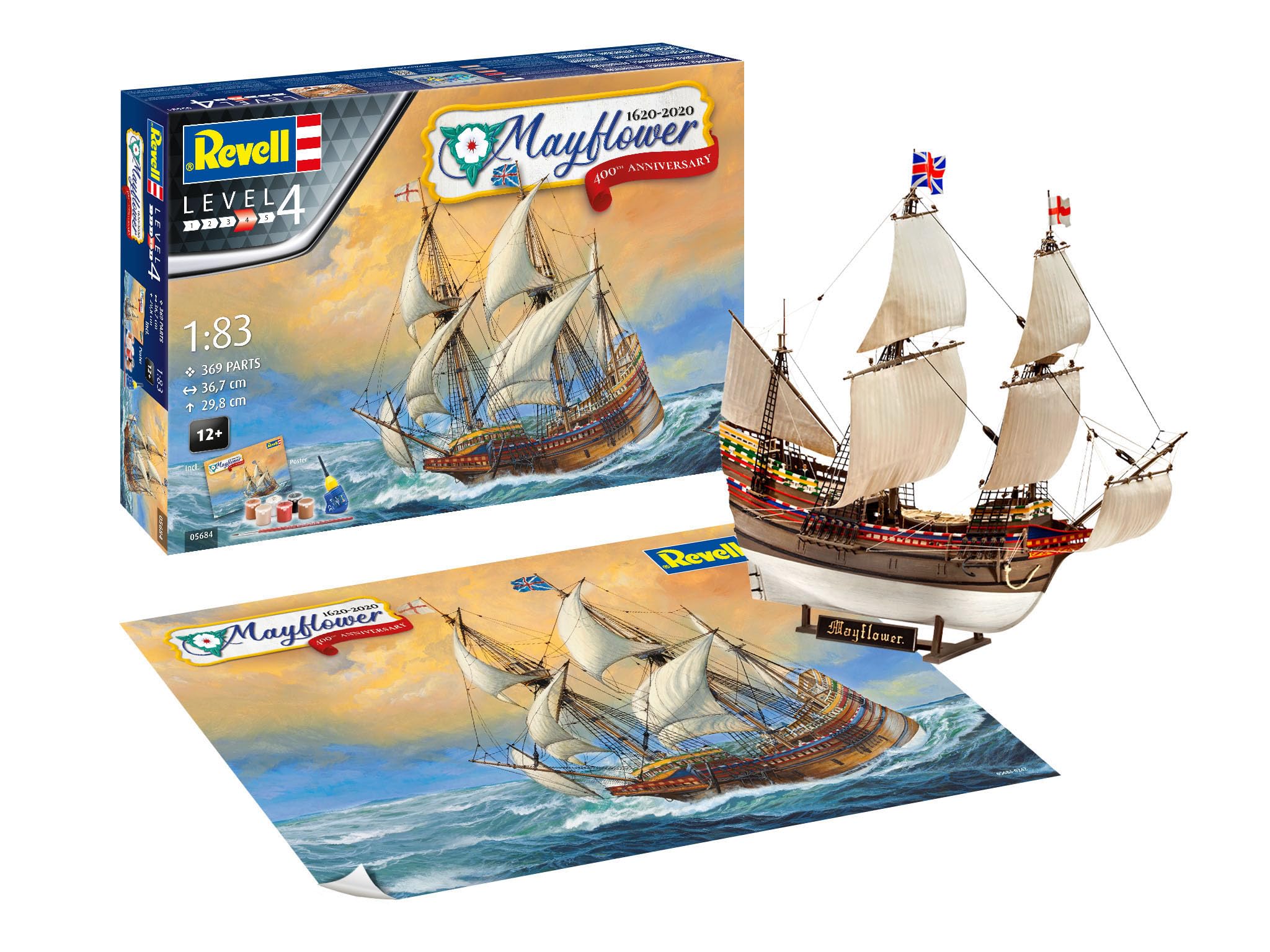 Revell Gift Set 05684 Mayflower 400th Anniversary 1:83 Scale Unbuilt Plastic Model Kit with Contacta Professional Glue, Paintbrush, Selected Aqua Color Paints & Poster
