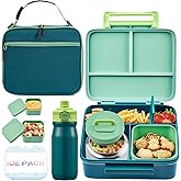 Bento Lunch Box for Kids with Thermos, Leakproof Bento Box with 8oz Insulated Food Jar, Insulated Bottle, Lunch Bag, BPA Free Dishwasher Safe 4 Compartment Container for School Girls Boys (Green)