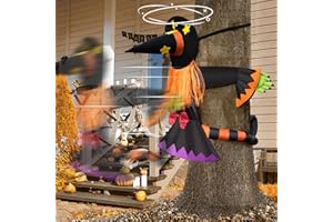 SMILFREE Halloween Outdoor Decorations Witch Decor Crashed Witch Into Tree Funny Cute Flying Witch with Broom in Windows Porch Pole Yard Garden Outside Attract Kids