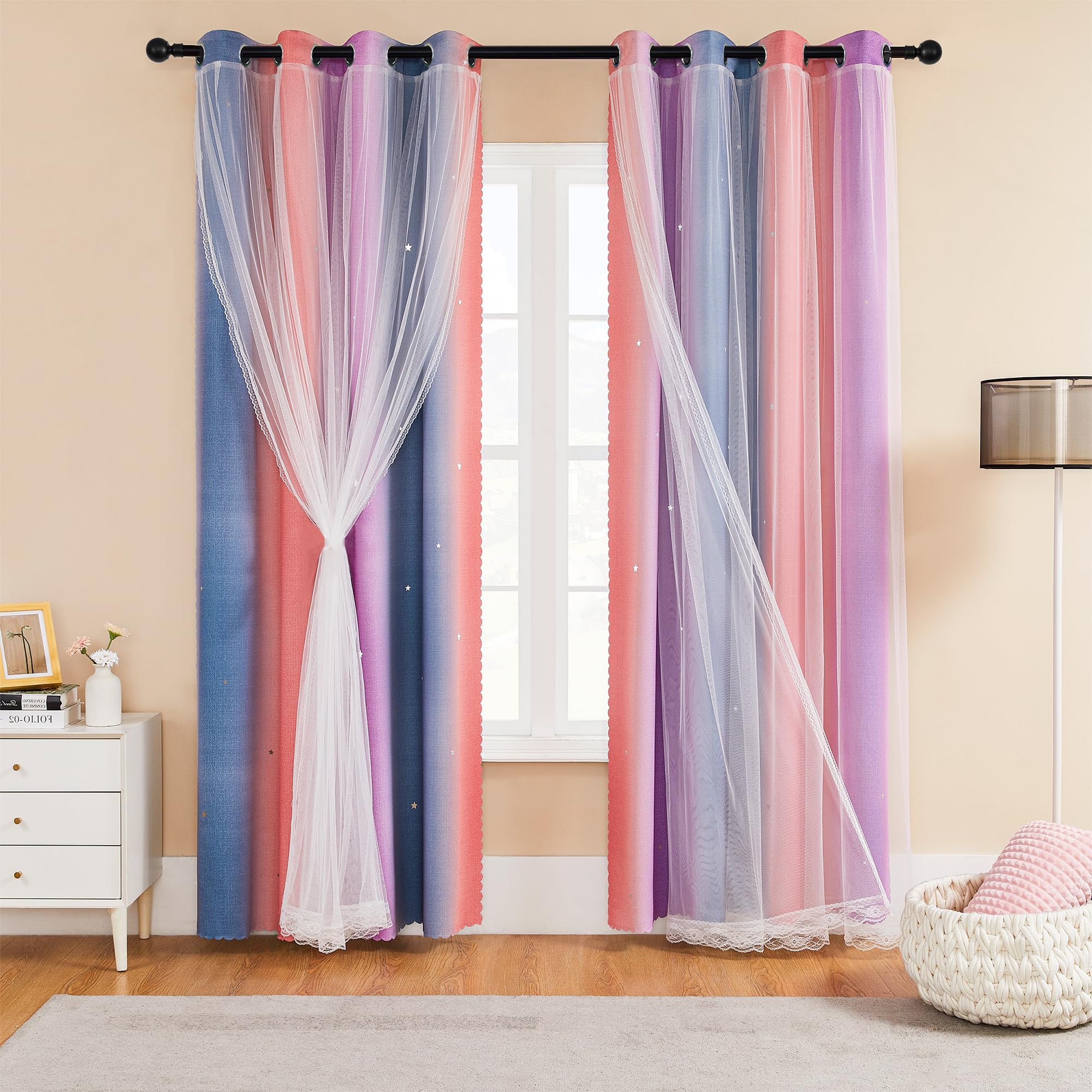 XiDi 90 Inches Curtains for Girls Bedroom 2 Panels Set, Blackout Rainbow Curtains for Kids Room Decor, Unicorn Wall Decals Drapes for Little Girl Nursery Room Grey/Pink/Purple 34 Inches Wide Image