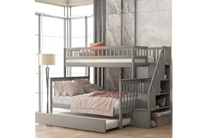 BIADNBZ Twin over Full Bunk Bed with Trundle and Staircase Storage, Pine Wood Bunkbed Frame, for Kids/Teens Bedroom, Space Saving & No Box Spring Needed, Gray