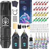 POSEIDON Wireless Tattoo Gun Kit 2PCS Battery Machine Kit for Beginner | 2 x 1500mAh Battery, 20 Cartridge Needles, 11 Colors Ink, Complete Tattoo Kit Supplies for Artist &amp; Home &amp; Studio Practice