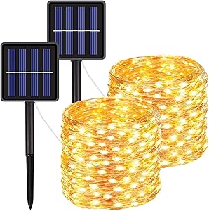FOAMICHI 2 Pack Solar Lights Outdoor, Waterproof 200LED Solar Lights String 8 Modes Solar Fairy Lights for Lawn, Patio, Yard, Garden, Yard, Christmas Decor (Warm White)