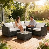 Panana 5 Seater Rattan Garden Sofa Set with Coffee Table Beige Cushions view 2