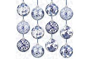 Poen 12 Pcs Chinoiserie Porcelain Ornaments Chinoiserie Decorations Plastic Blue White Ball Ornaments with Ribbon for Small Tree, Not Porcelain (2.36 Inch)