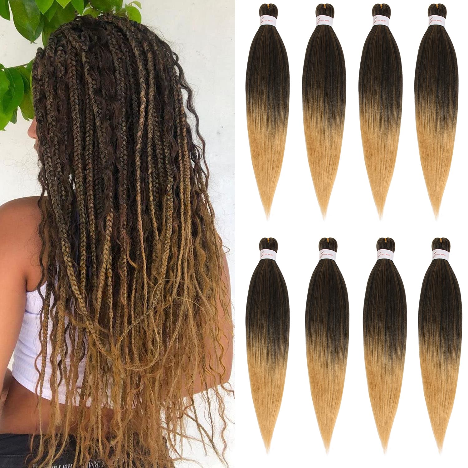 Mscat 16 Inch 8 Packs Pre Stretched Braiding Hair Ombre Brown Pre Stretched Braiding Professional Synthetic Prestretched Crochet Braids Hair Extension Hot Water Setting Yaki Texture (T27#) — image 1
