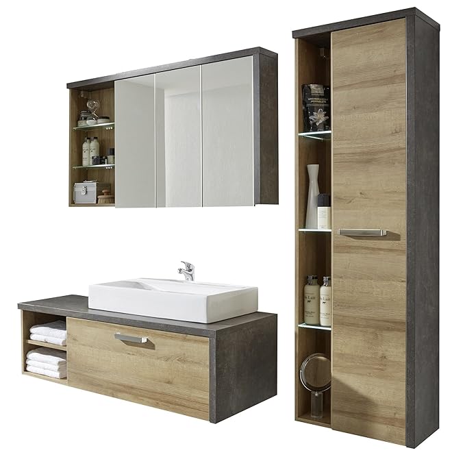trendteam smart living Korpus Beton Stone Dekor Kombination Bay Badezimmer Set, braun, 4-teilige, 186 x 160 x 53 cm