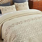 EVENHUG Floral Embroidered Quilt Set Queen Size 3 Piece Bedding Set Reversible Farmhouse Bedspread Coverlet with 2 Pillow Shams Lightweight Soft Bed Cover for All Season(92"X 96",Beige)