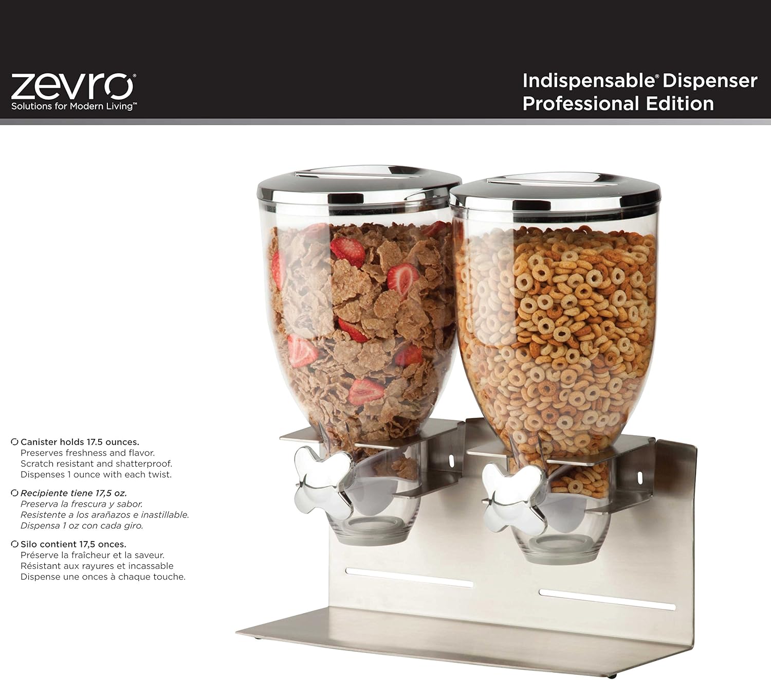 Zevro Indispensable Designer Dry Food Dispenser, Dual Control, Stainless Steel, Silver: Food Dispensers: Kitchen & Dining