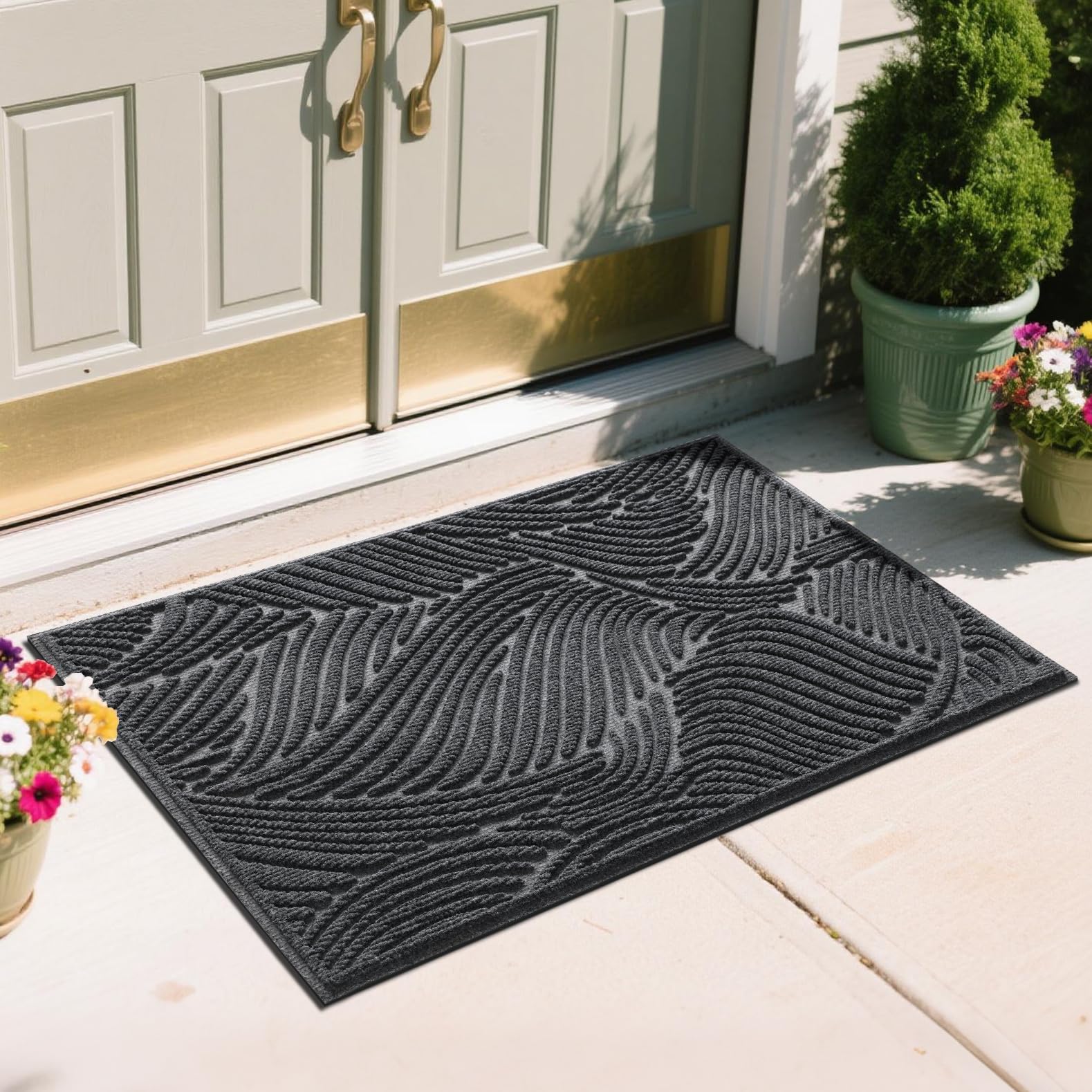 Yimobra Doormat Indoor Outdoor Entrance, Simple Stripes, All-Weather Waterproof & Non-Slip Mat for Front Door, Heavy Duty Polyester Welcome Mat for Garage, Patio-47x32，Dark Grey Image