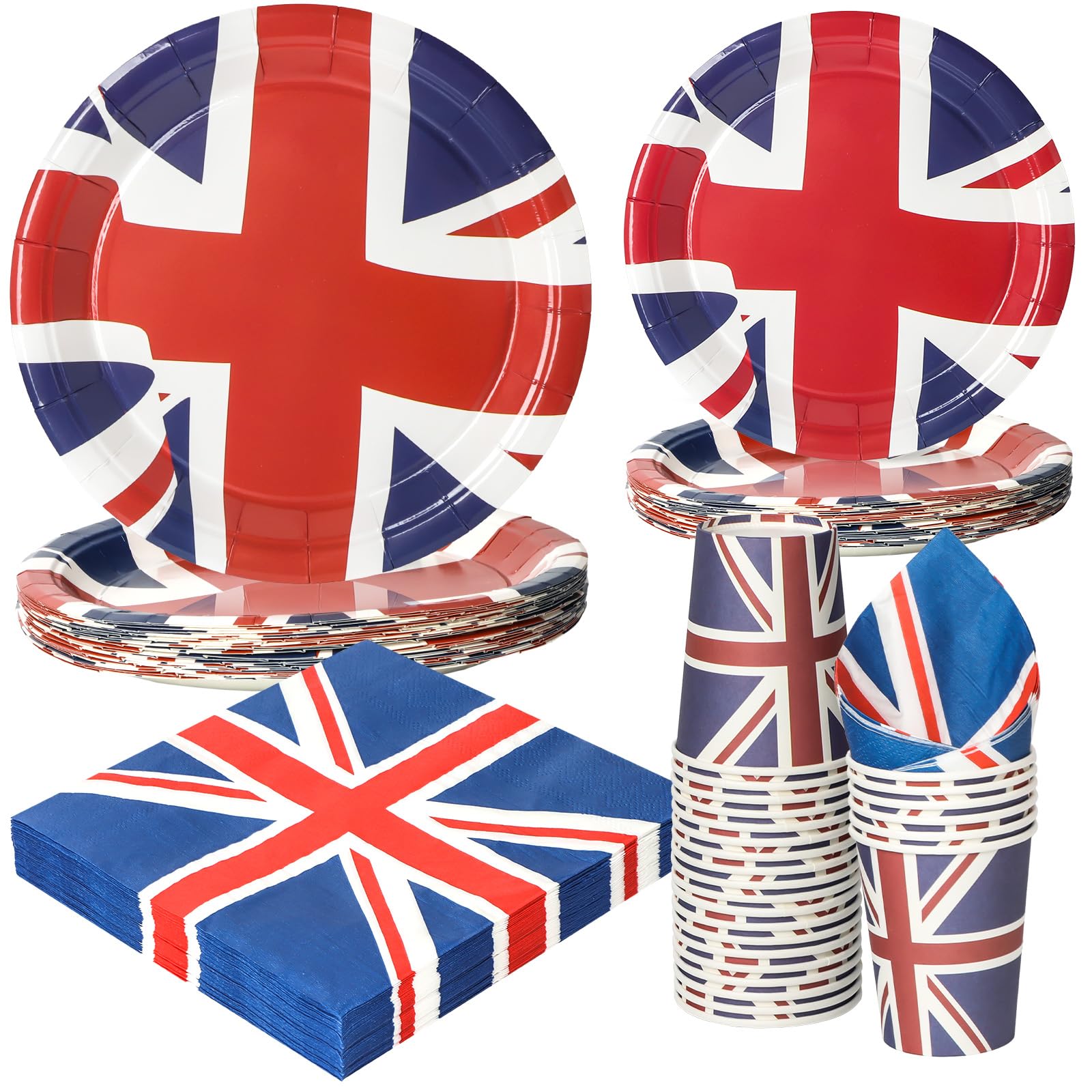 PARTY GO 96pcs Union Jack UK Flag Paper Plates Cups and Napkins, Bunting Flags Disposable Dinnerware Party Supplies for VE VJ Day Celebration Party Table Decorations Serve 24 Guests