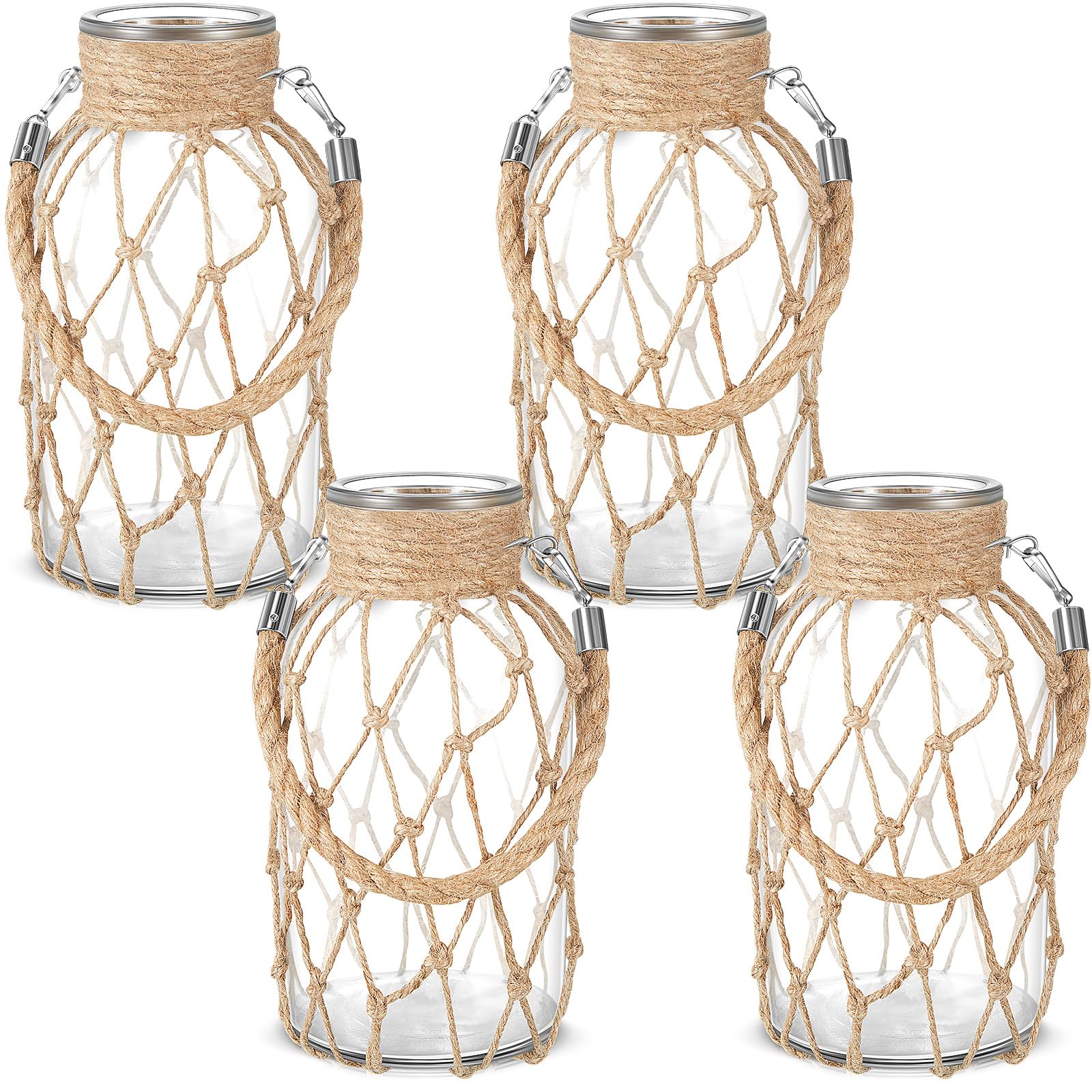 Photo 1 of Set of 4 Rope Net Dry Flower Glass Vase 7.9 x 4 Inches Wicker Farmhouse Vase Coastal Decor for Wedding Tables Home Rustic Hanging Mason Jar Rope Wrapping Decorative Bottles Nautical Decor