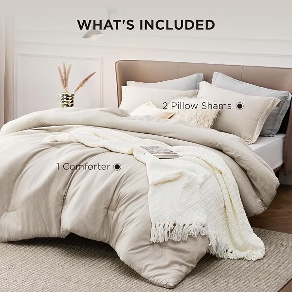 BEDSURE QUEEN COMFORTER SET – BEIGE SOFT BEDDING FOR ALL SEASONS, CATIONIC DYED BED SET, 3 PIECES, 1 QUEEN SIZE COMFORTER (90″X90″) AND 2 PILLOW SHAMS (20″X26″+2″)