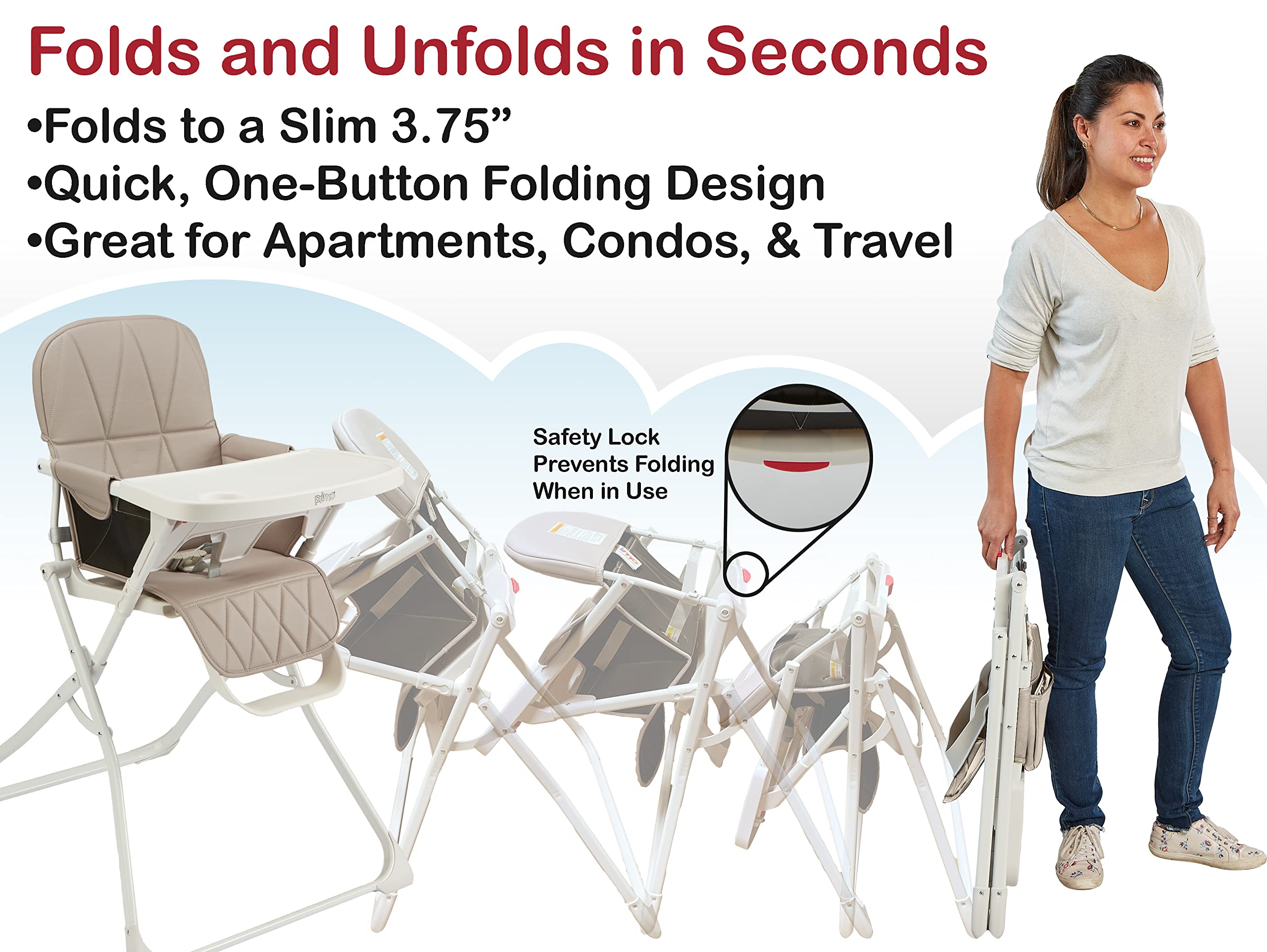 Primo PopUp Folding High Chair for Baby Age 6 to 36 Months - Taupe Folding Beach Style High Chair with Removable Dishwasher Safe Tray, 3pt Safety Harness, Leatherette Seat - Space Saving Design