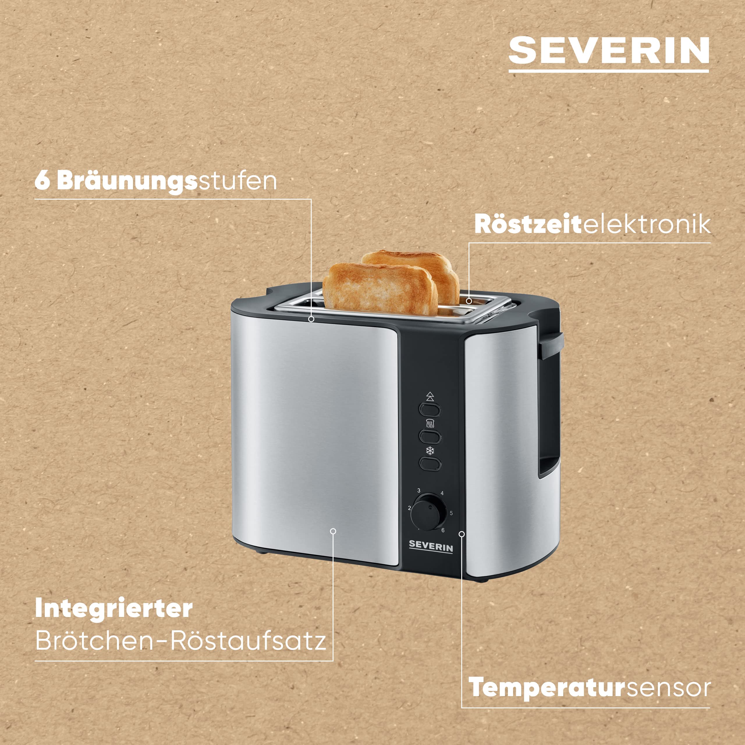 SEVERIN Automatik-Toaster, mit Brötchenaufsatz, hochwertiger Edelstahl Toaster zum Toasten, Auftauen und Erwärmen, 800 W,steel, AT 2589 4