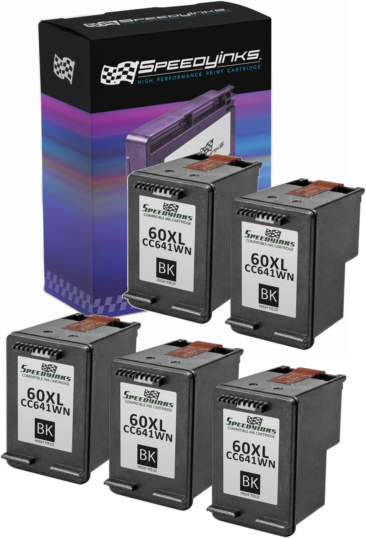 SpeedyInks Remanufactured Ink Cartridge Replacement for HP 60XL High-Yield (Black, 5-Pack)