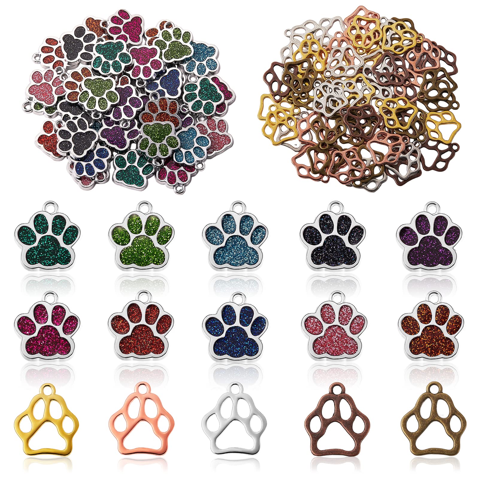 WEWAYSMILE 100Pcs Hollowed Paws Charms, Dog Cat Hollow Paw Charm, Cat Paw Charms, for Jewelry Bracelet Necklace Crafts Making, 17.7~19x16.6~17x1.5~2mm