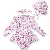Renotemy Infant Baby Girls Swimsuit Toddler Bathing Suit Long Sleeve Zipper One-Piece Rash Guard Ruffle Swimwear with Hat