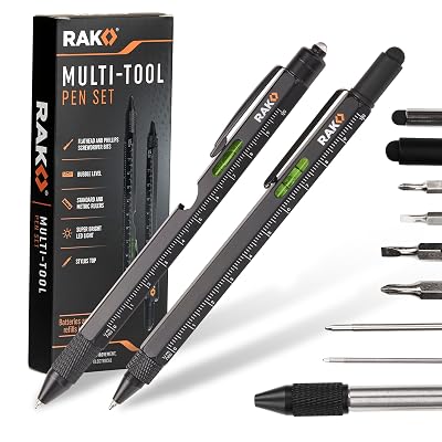 RAK Multitool Pen - Multi-Tool Pen Set 11 in 1, LED Light, Screwdrivers, Level, Ruler, Bottle Opener, and Stylus. Cool Gadgets Gifts for Men, Dad, EDC Tactical Pen Tool, Gift-Ready Box, Pack of 2