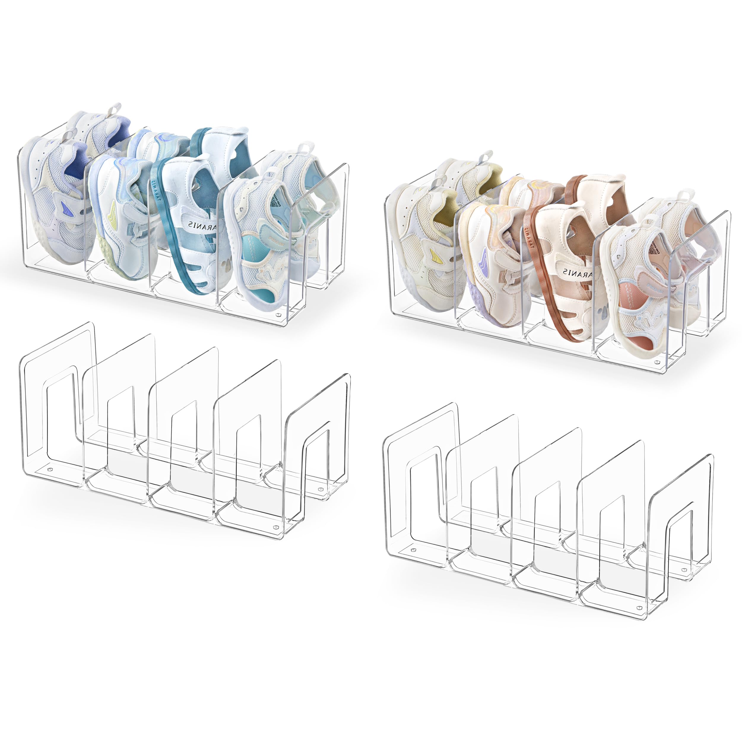 Photo 1 of HBlife Clear Acrylic Kids Shoe Rack for Closet Organizers and Storage, Small Shoe Rack 4 Sections Toddler Baby Shoe Storage Organizer Stackable Shoe Shelf,Desk File Sorter Book Purse Organizer(4 Pack)