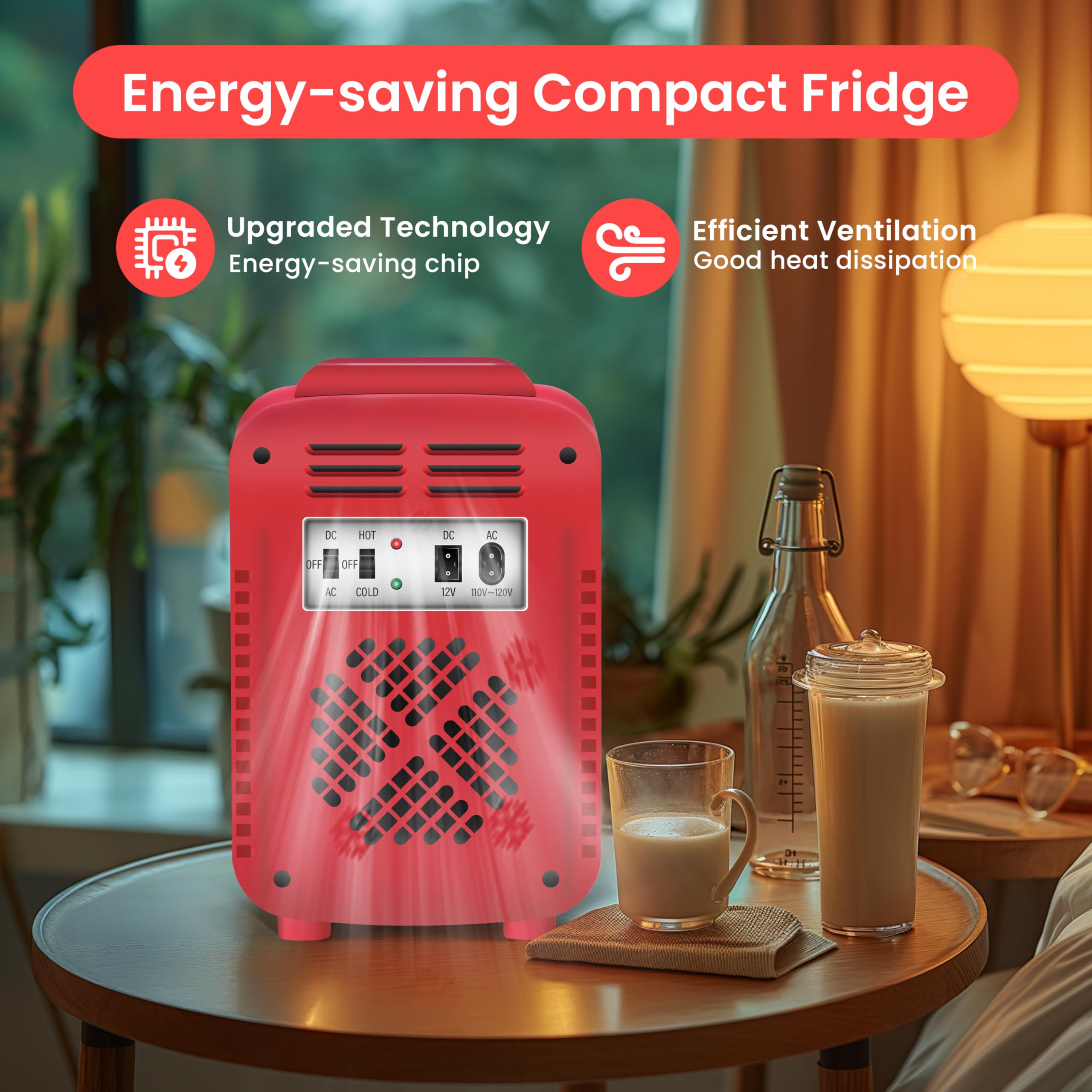 Simple Deluxe Portable Mini Fridge 4-Liter/6 Can 100% Freon-Free Cooler & Warmer Compact Refrigerator for Skincare, Cosmetics, Beverage, Food, 4L, Red