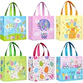 SUNCOLOR Easter Gift Bags, 6 Pack Non-Woven Tote Bags with Bunny Design, 9x9x4.7 Inch, Reusable Party Supplies for Kids Egg Hunt Games