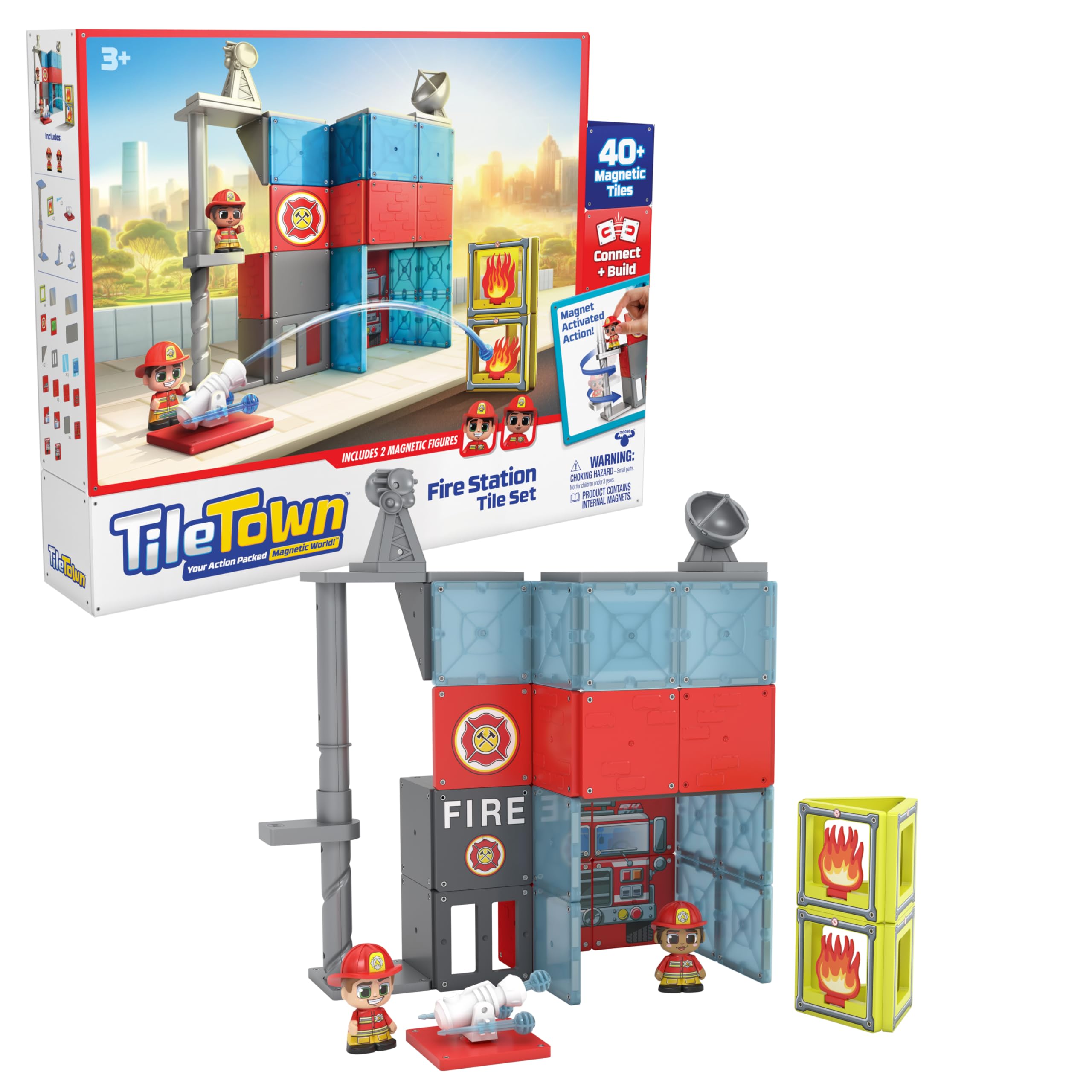 Tile Town Fire House Magnetic Tiles Construction Building Playset + Figures, Kids 3-5+, New ACTION TILES for Action Play, Realistic Builds, STEM Creative Toy, Great Gift for Boys & Girls — image 1