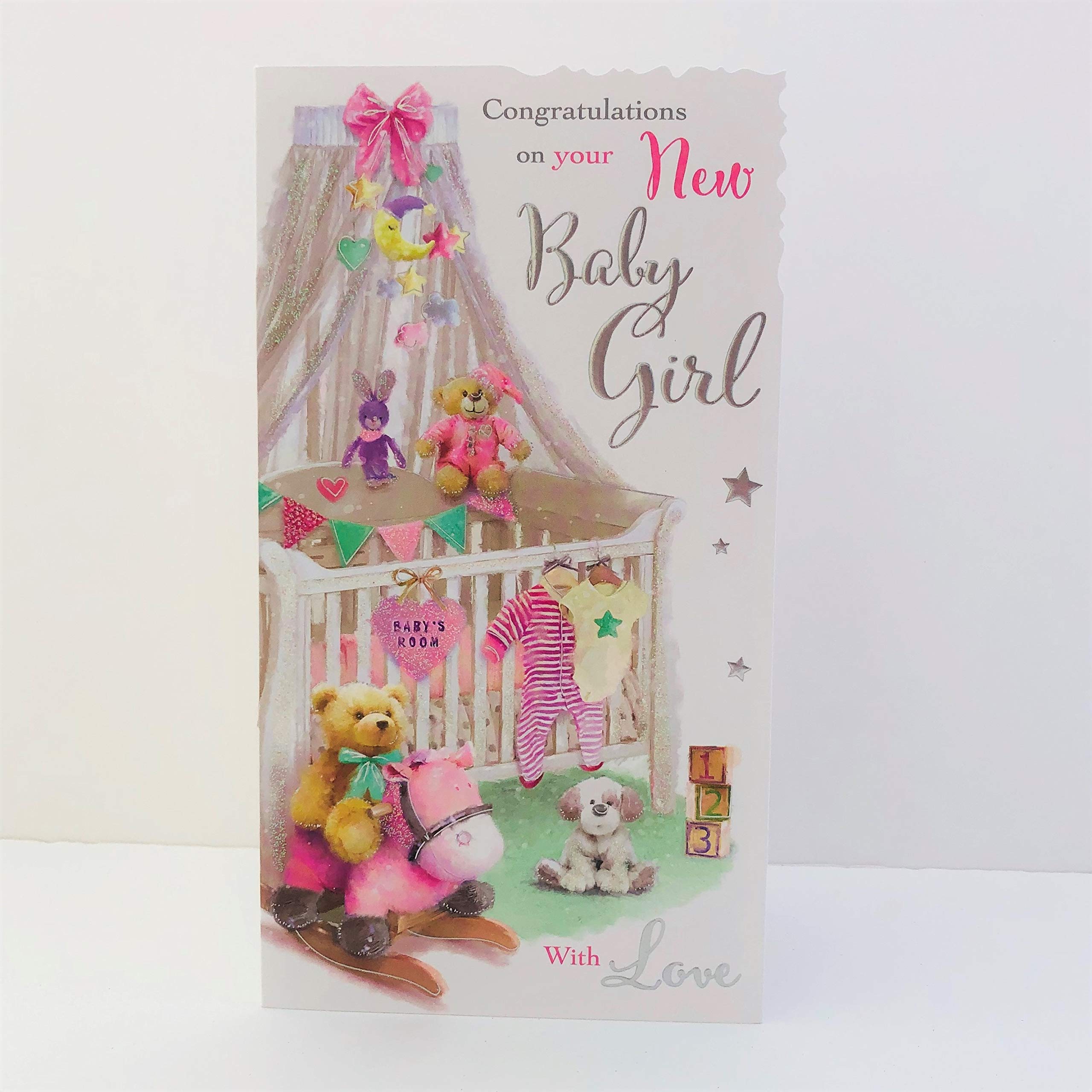 Jonny Javelin Congratulations On Your New Baby Girl with Love Card - Pink Baby Room