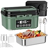 FERVINOW Cordless Electric Lunch Box for Adults – Battery-Powered Heated Lunch Box with 1.2L Stainless Steel Container, Timer Function, and Leak-Proof Food Warmer for Work, Travel & Office(Pine Green)