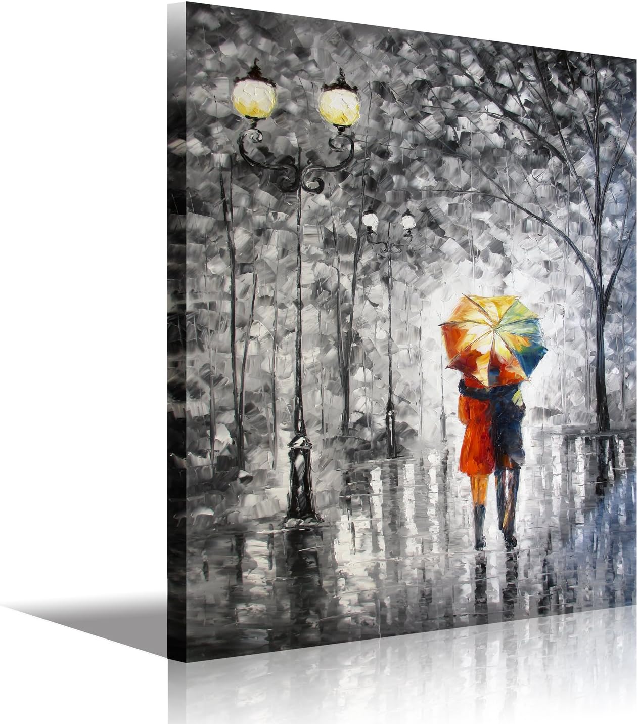Framed HD Canvas Art,Lovers Under The Umbrella Prints on Canvas,Wall Art Modern Artwork Home Decor Palette,KnifePainting,Black,White,Red,Blue,24x32inch(60x80cm)1pc Stretched Ready to Hang