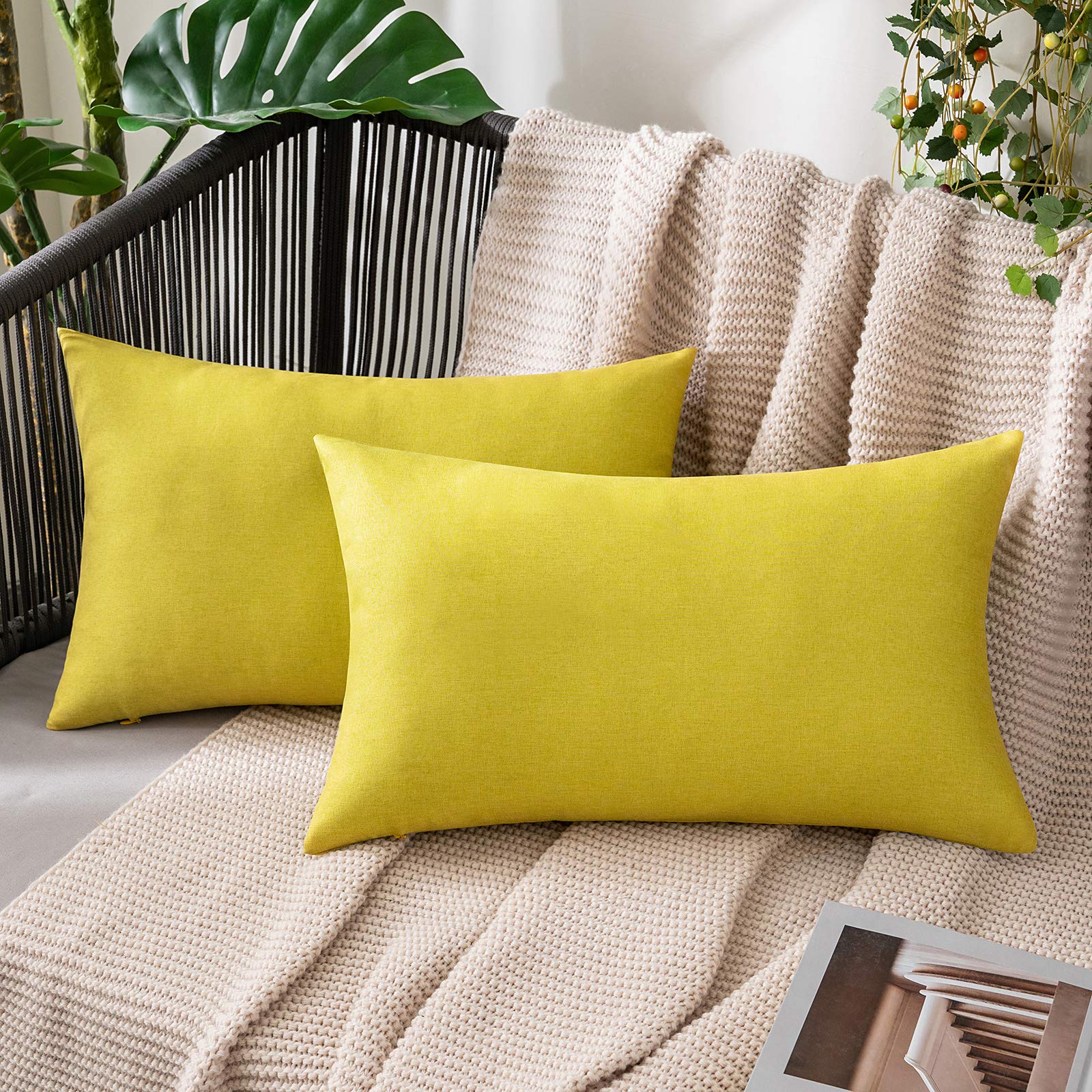 MIULEE Waterproof Outdoor Cushion Covers 12x20 Inches Set of 2 Water Resistant Decorative Throw Pillow Covers Outside for Garden Furniture Patio Couch Sofa Bed Linen Balcony, 30x50cm Yellow