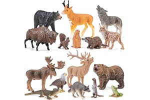 THINKBAY 16PCS Mini North American Woodland Animals Figurines Toys, Realistic Jungle Wild Animal Figures with Wolf,Bear,Bison,Reindeer Cake Toppers Birthday Gift Party Favors Toys for Toddler Kids
