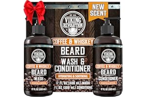 Viking Revolution Coffee Whiskey Beard Wash and Beard Conditioner Set with Argan and Jojoba Oils - Softens and Strengthens - Coffee Whiskey Scent - Beard Shampoo with Ginseng Root Extract (17 oz)