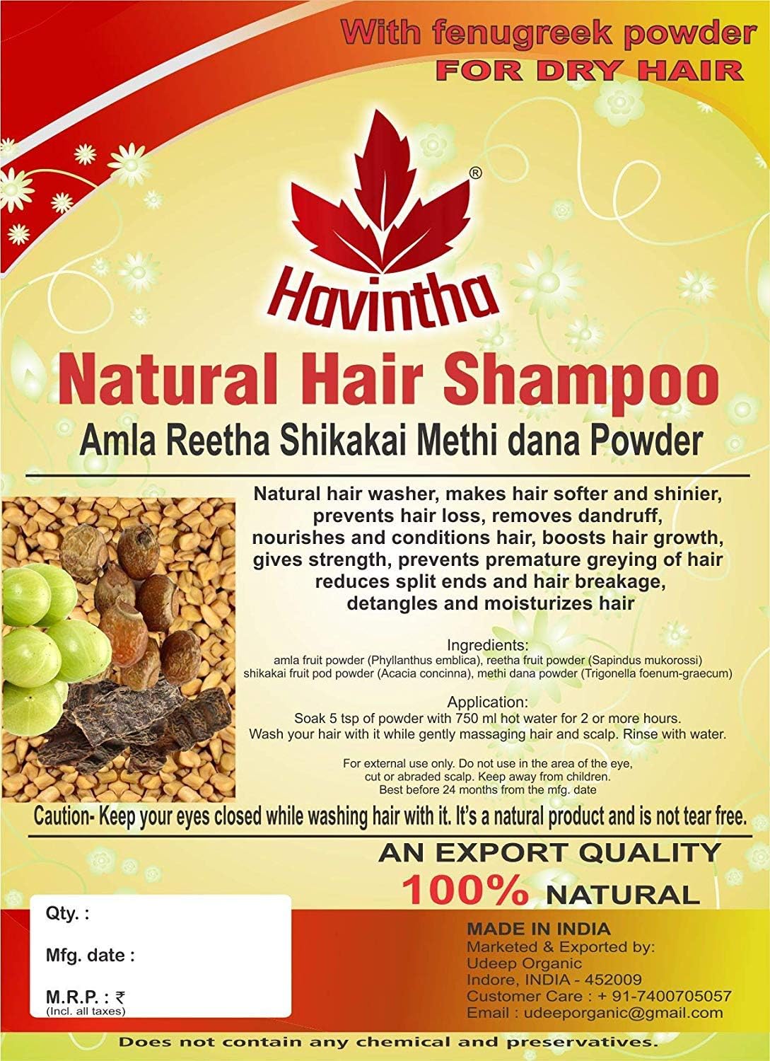 Havintha Natural Hair Shampoo with Amla, Reetha, Shikakai and Methi dana (Advanced shampoo) - Image 3