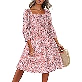 Caracilia Women 3/4 Sleeve Square Neck 2026 Summer Fall Wedding Guest Floral Smocked Casual Boho Midi Dresses